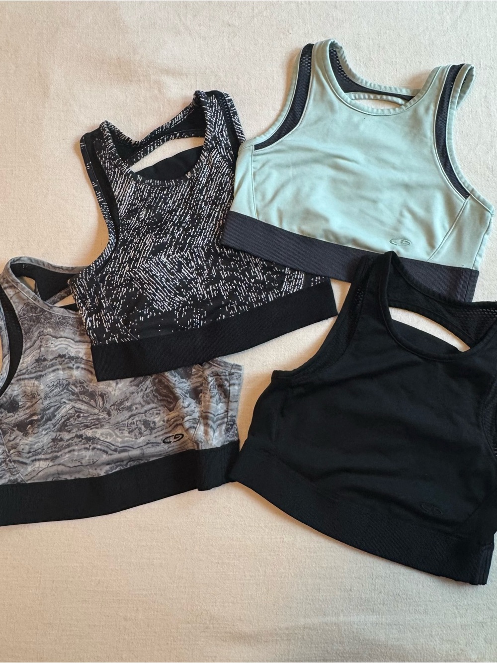 Set of 4 Crop Sports Bras in Black, Mint, Gray, Marble